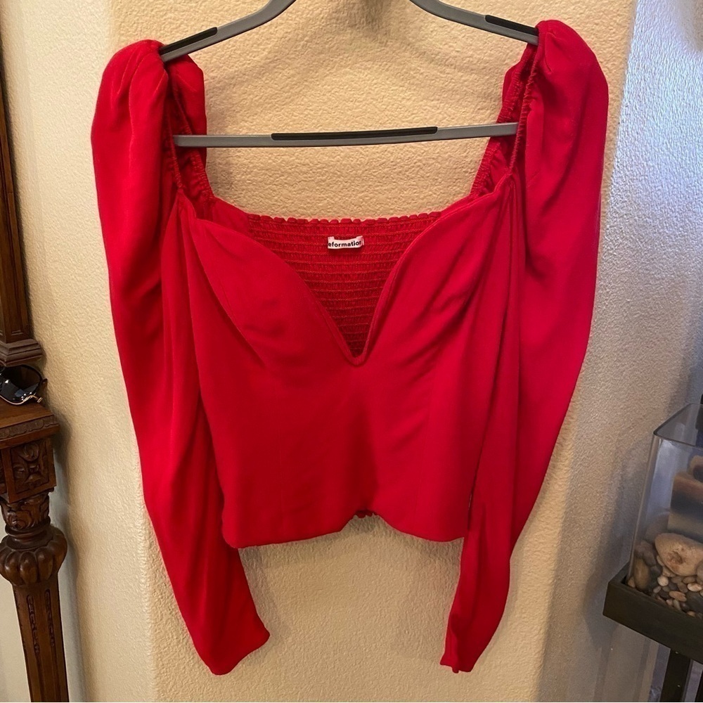 REFORMATION Women Roma Red Plunge Puff Long Sleeve Top Size 4